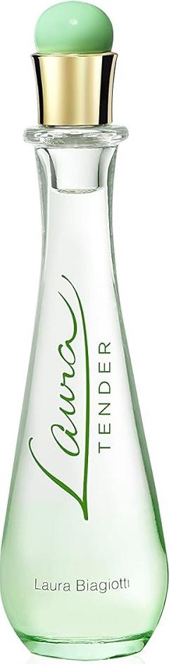 Flakon perfum Laura Biagiotti Laura Tender woda toaletowa 50ml w zielonym kolorze na białym tle z eleganckim opakowaniem marki
