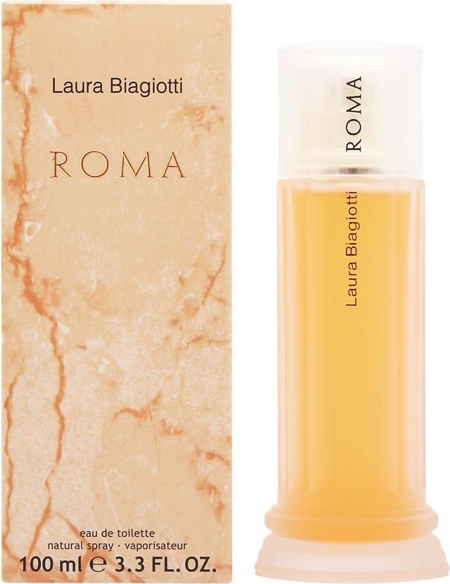 Flacon wody toaletowej Laura Biagiotti Roma 25ml z eleganckim opakowaniem marki Laura Biagiotti na białym tle - perfumy damskie