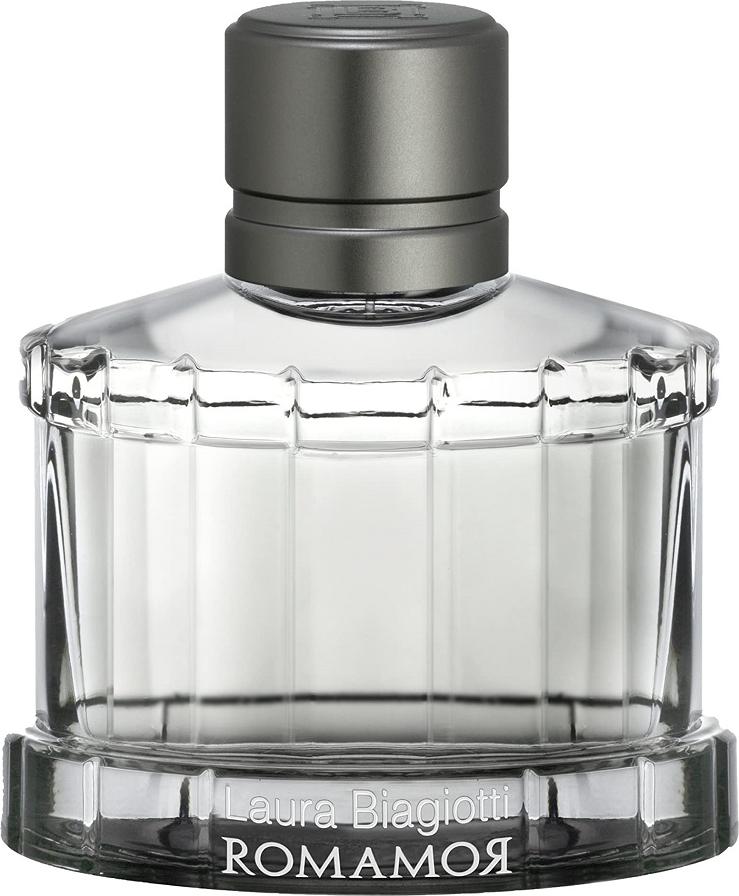 Flacon wody toaletowej Laura Biagiotti Romamor Uomo 75ml dla mężczyzn z eleganckim opakowaniem prezentujący męskie perfumy włoskiej marki