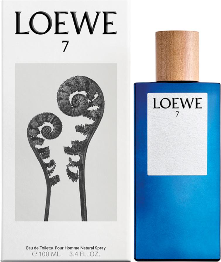 Flacon wody toaletowej Loewe 7 pour Homme 100ml na białym tle - eleganckie męskie perfumy z zielonym jabłkiem i cedrem marki Loewe