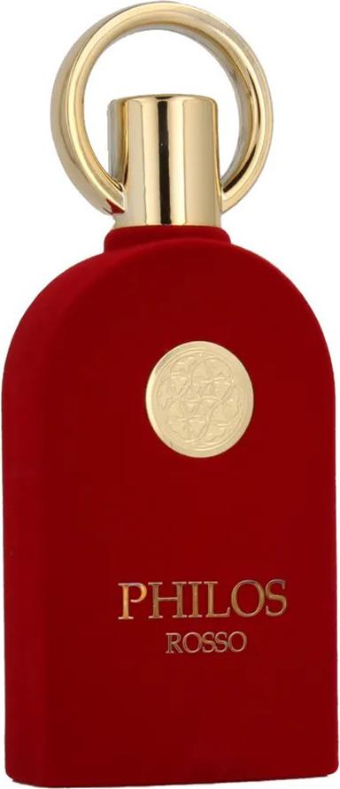 Maison Alhambra Philos Rosso woda perfumowana 100ml w eleganckim czerwonym flakonie ze złotymi akcentami na białym tle