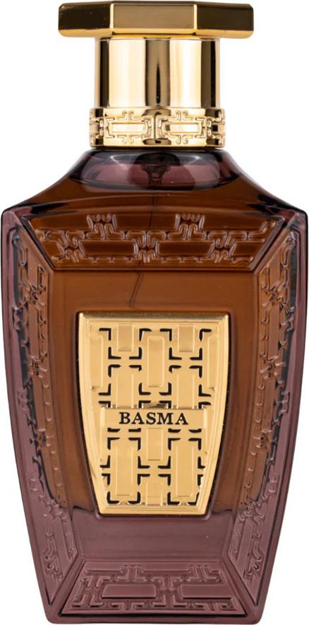 Flacon wody perfumowanej Maison Asrar Basma 100ml unisex z orientalno-drzewną kompozycją zapachową na białym tle z eleganckim opakowaniem