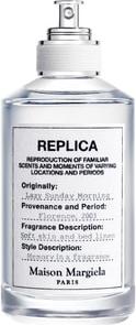 Flacon perfum Maison Margiela Replica Lazy Sunday Morning woda toaletowa 100ml na białym tle z eleganckim opakowaniem marki