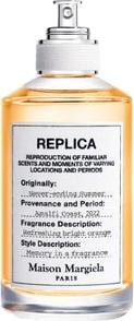 Flacon wody toaletowej MAISON MARGIELA Replica Never Ending Summer z charakterystyczną białą etykietą marki na przezroczystej butelce perfum