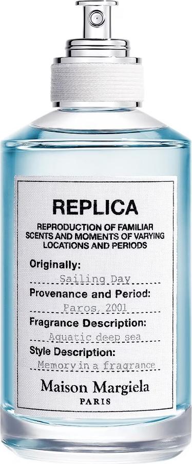 Flacon wody toaletowej Maison Margiela Replica Sailing Day 100ml z charakterystycznym białym opakowaniem marki na białym tle