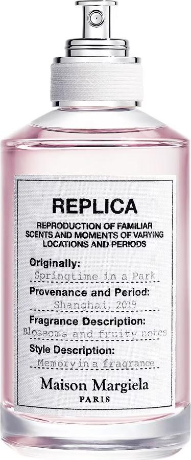 Flacon wody toaletowej Maison Margiela Replica Springtime in a Park 100ml - unisex perfumy kwiatowe z nutami konwalii róż jaśminu na białym tle