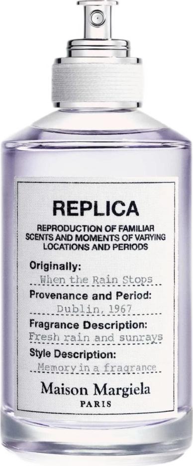 Flacon wody toaletowej Maison Margiela Replica When the Rain Stops 100ml na białym tle z eleganckim opakowaniem marki Maison Margiela