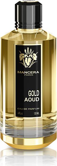 Flacon perfum Mancera Gold Aoud woda perfumowana unisex 120ml z luksusowym opakowaniem na białym tle, elegancki design marki Mancera