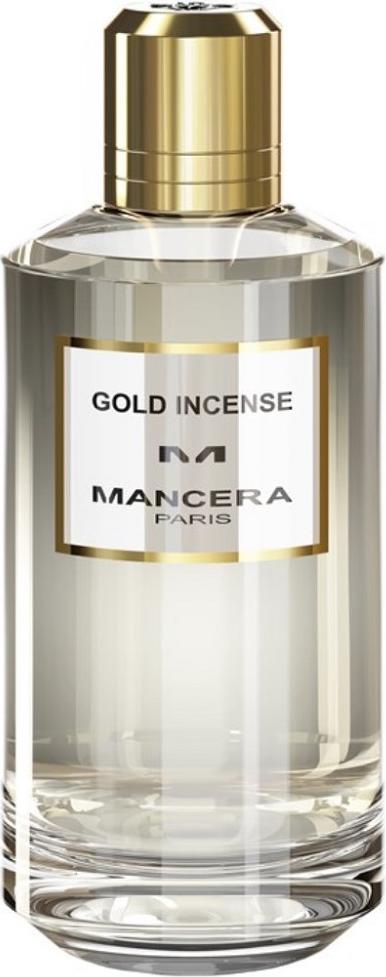 Flacon perfum Mancera Gold Incense woda perfumowana unisex 120ml w eleganckim opakowaniu na białym tle z logo marki Mancera