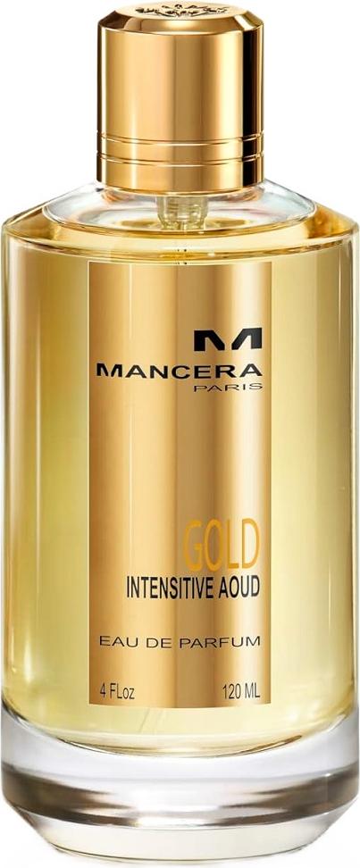 Flacon perfum Mancera Gold Intensive Aoud 120ml - elegancka butelka unisex wody perfumowanej z orientalnym zapachem oud na białym tle