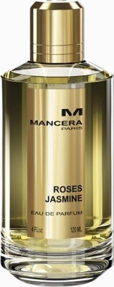 Flacon wody perfumowanej Mancera Roses Jasmine 120ml unisex na białym tle, eleganckie opakowanie luksusowych perfum kwiatowych z różą i jaśminem