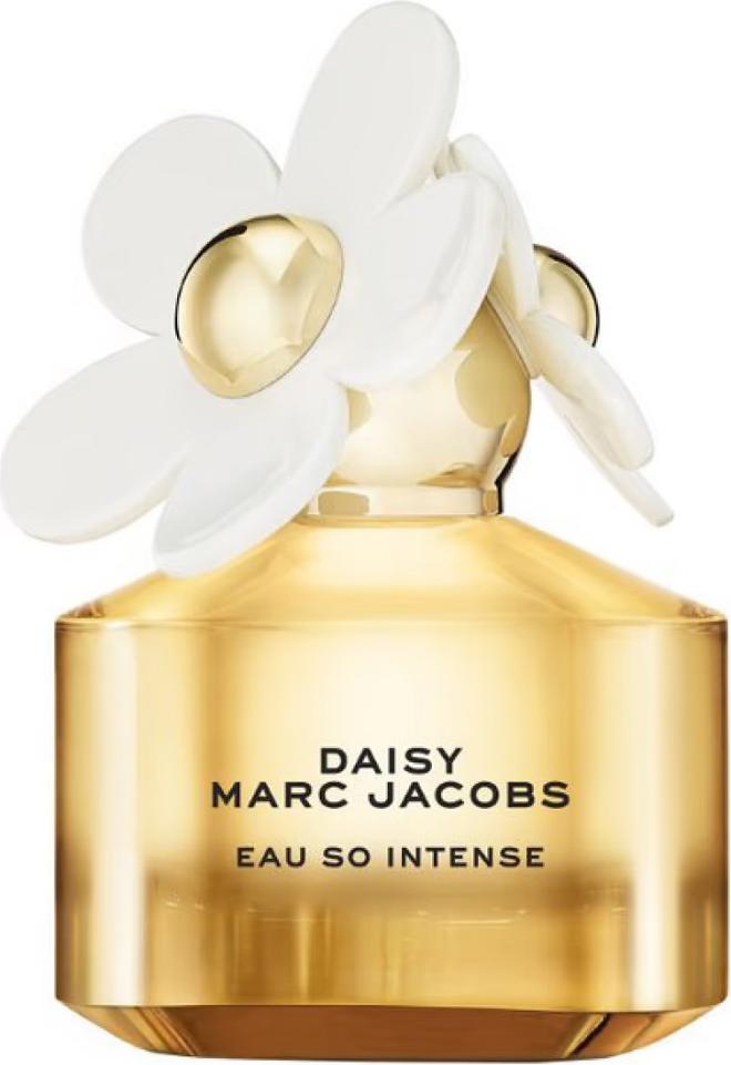 Flacon perfum Marc Jacobs Daisy Eau So Intense woda perfumowana 30ml z charakterystyczną nakrętką w kształcie kwiatków na białym tle
