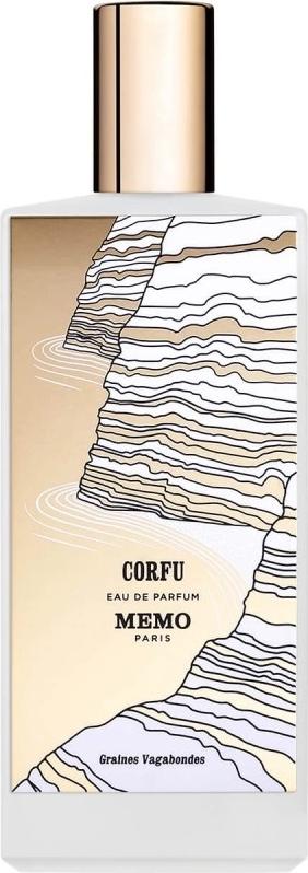 Flacon wody perfumowanej Memo Paris Corfu 75ml z eleganckim opakowaniem, luksusowe perfumy unisex marki Memo Paris na białym tle