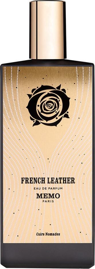Flacon wody perfumowanej Memo Paris French Leather 75ml z eleganckiego szkła na białym tle z logo marki i opisem kompozycji zapachowej