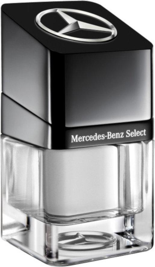 Flacon Mercedes-Benz Select woda toaletowa 50ml dla mężczyzn w minimalistycznym opakowaniu na białym tle z logo marki Mercedes-Benz