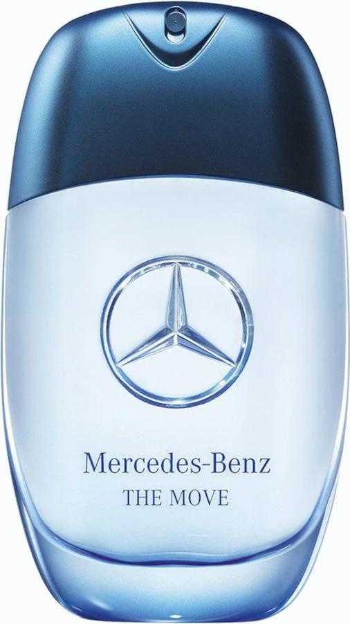 Flacon wody toaletowej Mercedes-Benz The Move 20 ml na białym tle - eleganckie opakowanie męskich perfum aromatyczno-fougere marki Mercedes