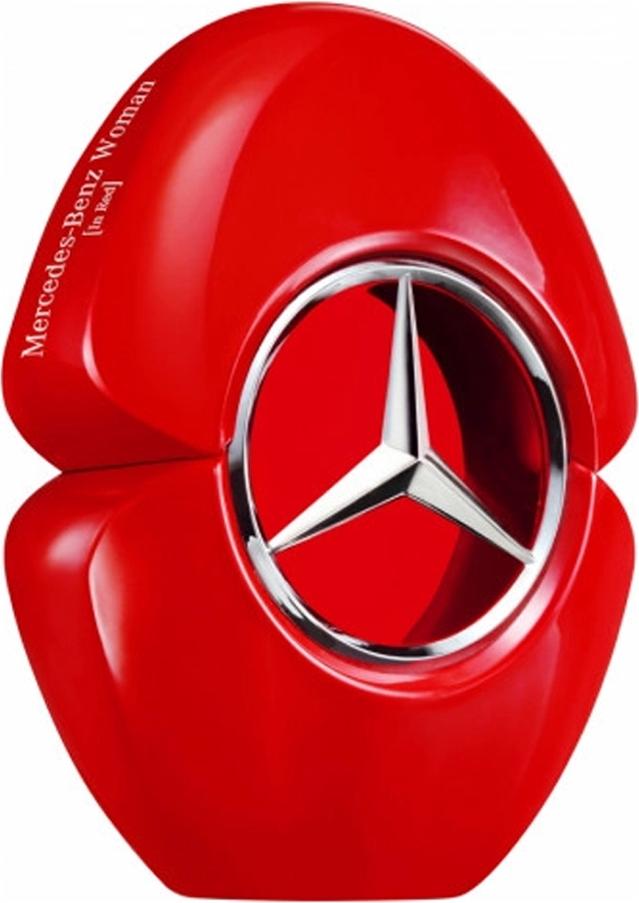 Flacon perfum Mercedes-Benz Woman In Red woda perfumowana 90ml na białym tle z eleganckim opakowaniem marki Mercedes-Benz