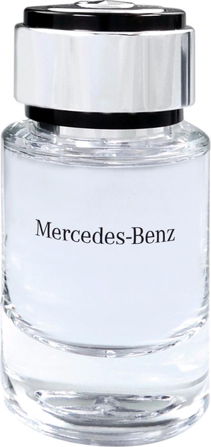 Flacon wody toaletowej Mercedes-Benz for Men 75ml w eleganckiej butelce z logo marki, luksusowe męskie perfumy drzewno-przyprawowe na białym tle