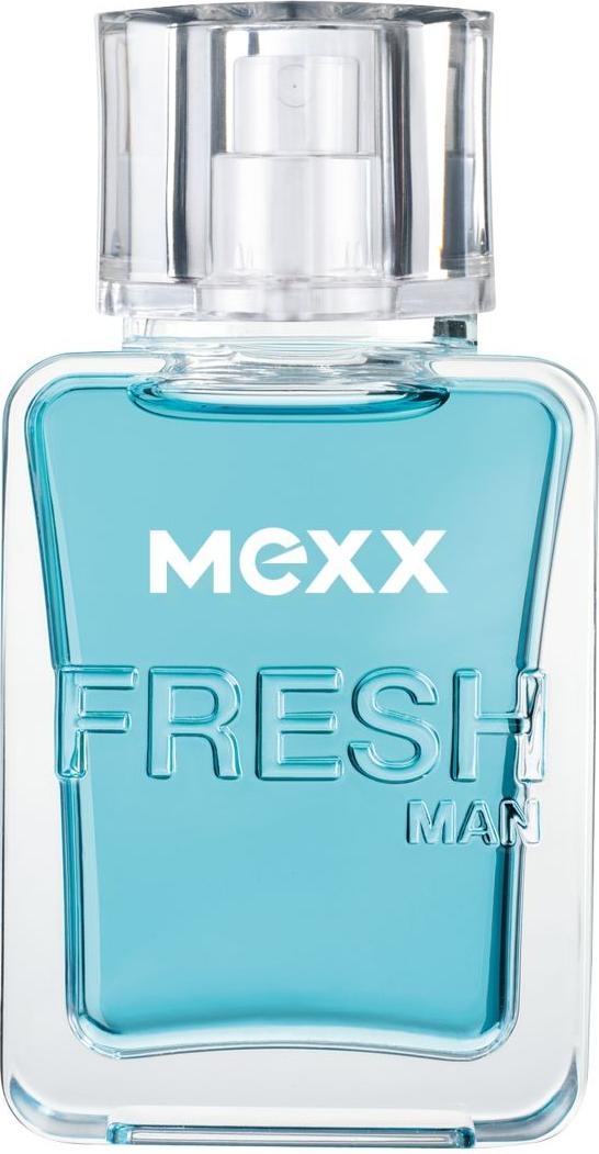Flacon wody toaletowej Mexx Fresh Man 30ml na białym tle - eleganckie męskie perfumy marki Mexx w stylowym opakowaniu z logo