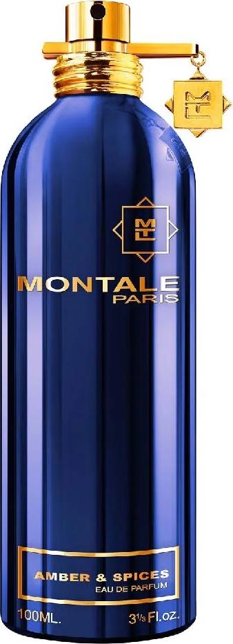 Flacon wody perfumowanej Montale Amber & Spices 100ml unisex z orientalnym zapachem ambry i przypraw na białym tle z eleganckim opakowaniem
