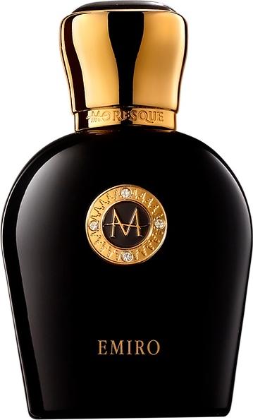 Flacon perfum MORESQUE Emiro Black Collection woda perfumowana 50ml dla mężczyzn na białym tle z eleganckim czarnym opakowaniem marki