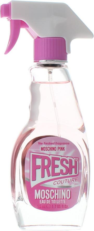 Flacon perfum Moschino Fresh Couture Pink woda toaletowa 50ml w kształcie różowego płynu do szyb na białym tle z logo marki Moschino