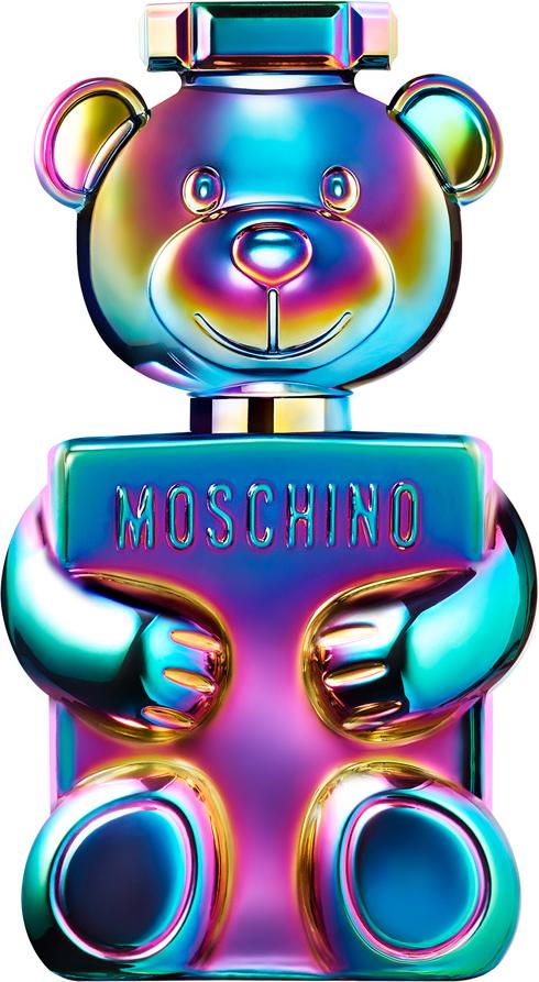Flacon perfum Moschino Toy 2 Pearl 100ml w kształcie misia z wodą perfumowaną dla kobiet i mężczyzn na białym tle z opakowaniem