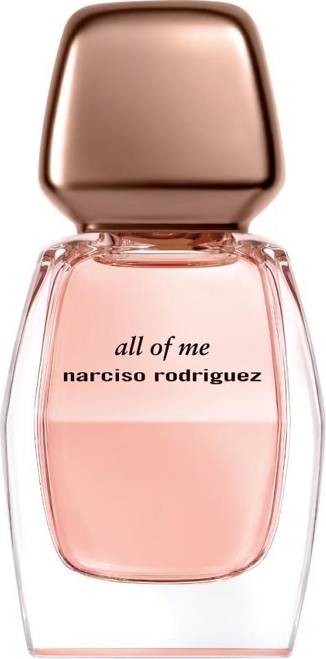 Flacon wody perfumowanej Narciso Rodriguez All of Me 30ml na białym tle - eleganckie opakowanie kwiatowego zapachu dla kobiet z naturalnych składników.
