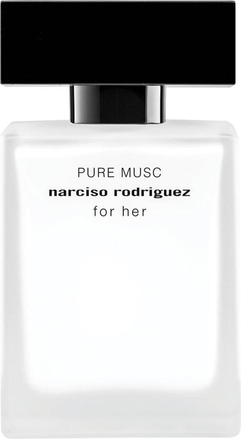 Flacon perfum NARCISO RODRIGUEZ for her Pure Musc woda perfumowana szyprowo-piżmowa dla kobiet na białym tle z eleganckim opakowaniem marki