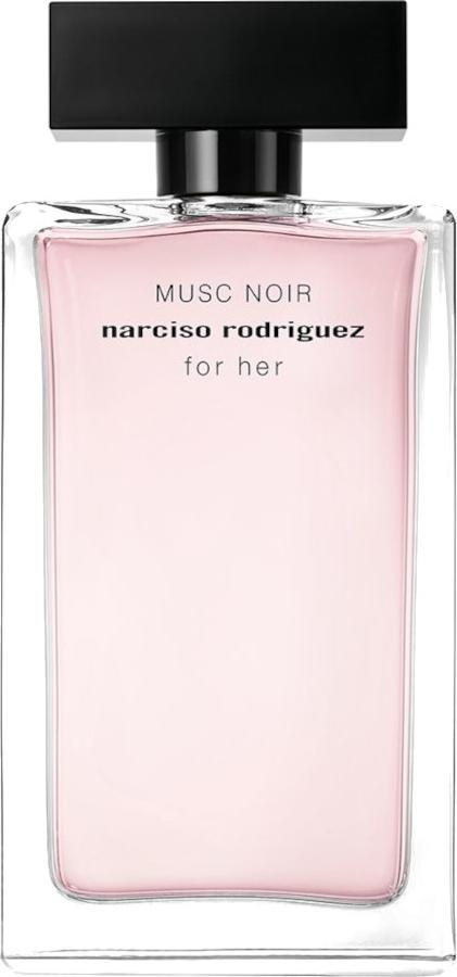Flacon perfum NARCISO RODRIGUEZ for her Musc Noir orientalna piżmowa woda perfumowana dla kobiet na białym tle z eleganckim opakowaniem