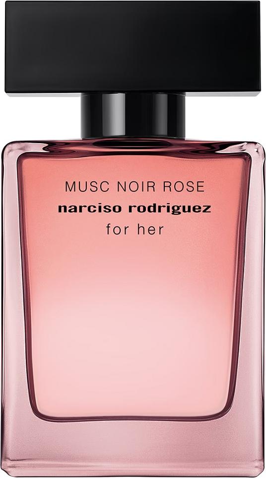Flacon wody perfumowanej Narciso Rodriguez For Her Musc Noir Rose 30ml w przydymionym szkle z różowym akcentem na białym tle