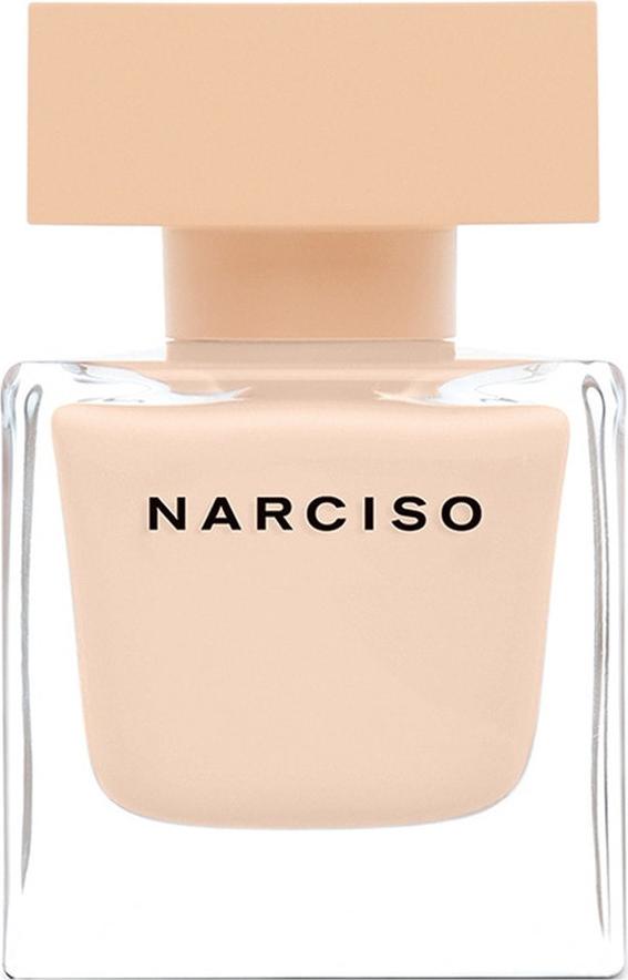 Flacon perfum NARCISO RODRIGUEZ NARCISO Poudrée woda perfumowana drzewno-kwiatowo-pudrowa z eleganckim opakowaniem na białym tle