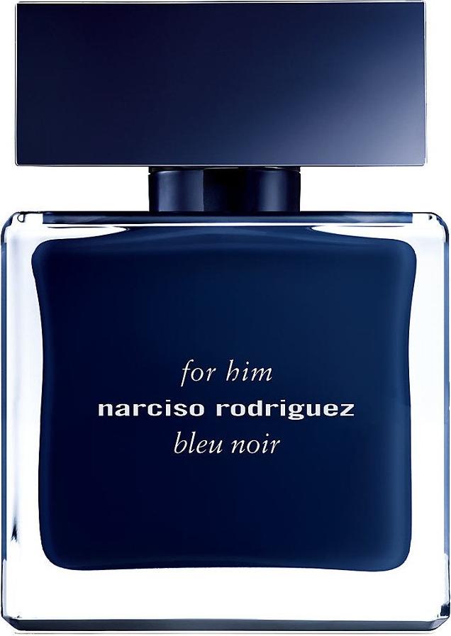 Flacon wody toaletowej Narciso Rodriguez for Him Bleu Noir 50ml w ciemnoniebieskim opakowaniu na białym tle - męskie perfumy premium