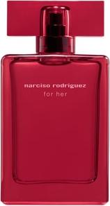 Flakon perfum Narciso Rodriguez for her eau de parfum intense 100ml w różowym kolorze na białym tle z eleganckim opakowaniem marki