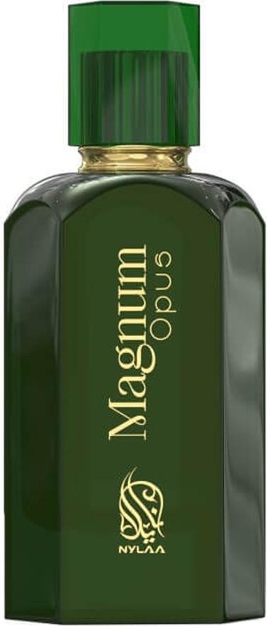 Flacon męskiej wody perfumowanej Nylaa Magnum Opus 100ml z eleganckim opakowaniem na białym tle - luksusowe perfumy dla mężczyzn
