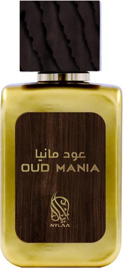Flacon wody perfumowanej Nylaa Oud Mania 100ml - luksusowe orientalne perfumy unisex z oud na eleganckim tle z opakowaniem marki Nylaa