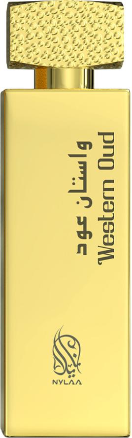 Flacon perfum Nylaa Western Oud woda perfumowana 75ml w minimalistycznym opakowaniu ze złotymi detalami na białym tle