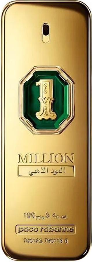 Flacon perfum Paco Rabanne 1 Million Golden Oud Parfum 100ml w eleganckim opakowaniu na białym tle - luksusowy zapach męski z oud