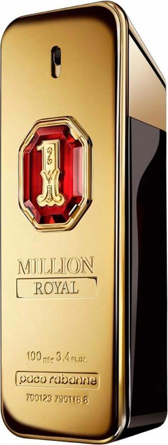 Flakon perfum RABANNE 1 Million Royal woda perfumowana dla mężczyzn w kształcie złotej sztabki z czerwonymi akcentami na białym tle
