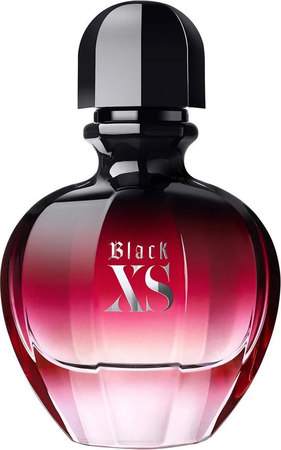 Flacon perfum Paco Rabanne Black XS for Her Eau de Parfum 30ml w eleganckim czarnym opakowaniu z logo marki na białym tle