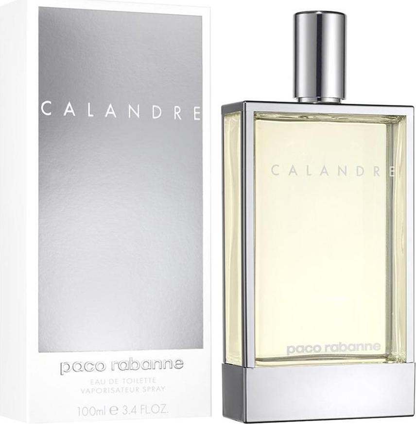 Flacon wody toaletowej Paco Rabanne Calandre 100ml dla kobiet z eleganckim opakowaniem przedstawiający klasyczne perfumy damskie marki