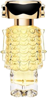 Flacon wody perfumowanej Rabanne Fame dla kobiet na białym tle, eleganckie opakowanie luksusowych perfum z charakterystycznym designem marki
