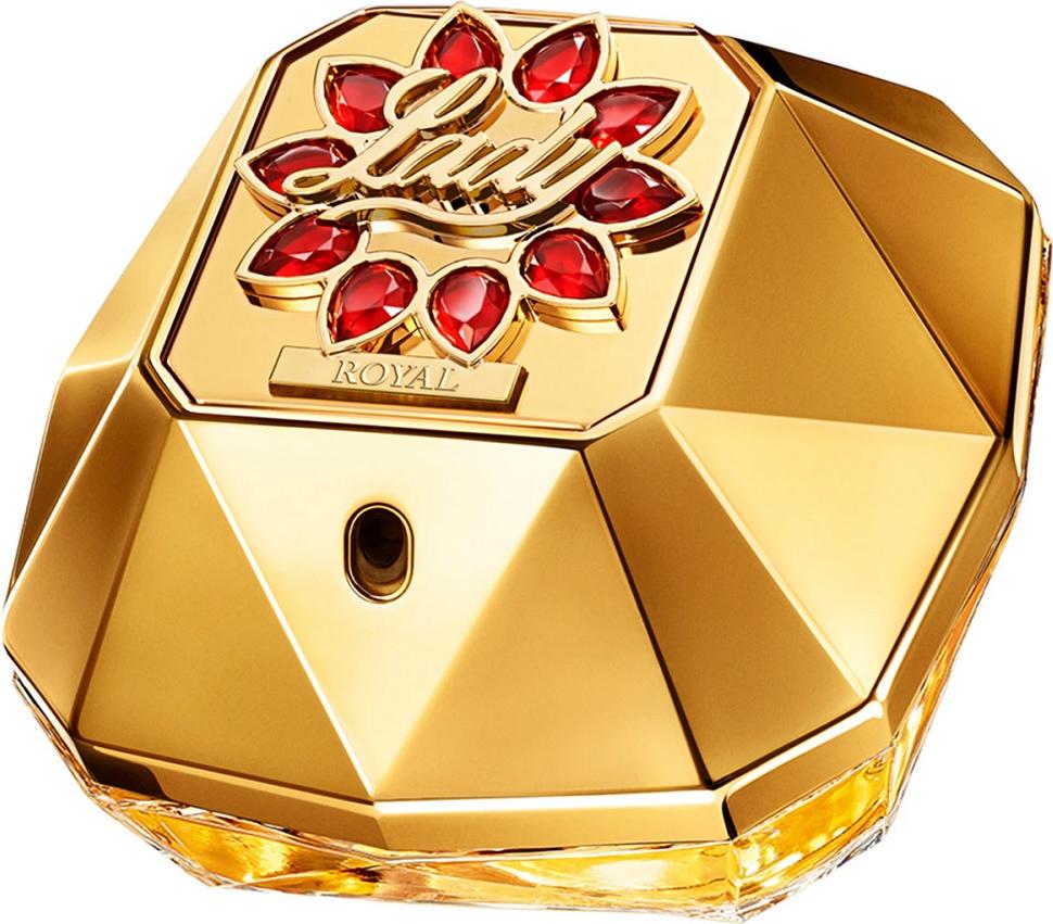 Flacon wody perfumowanej Lady Million Royal od Rabanne Fragrances - eleganckie perfumy damskie w luksusowym opakowaniu ze złotymi akcentami