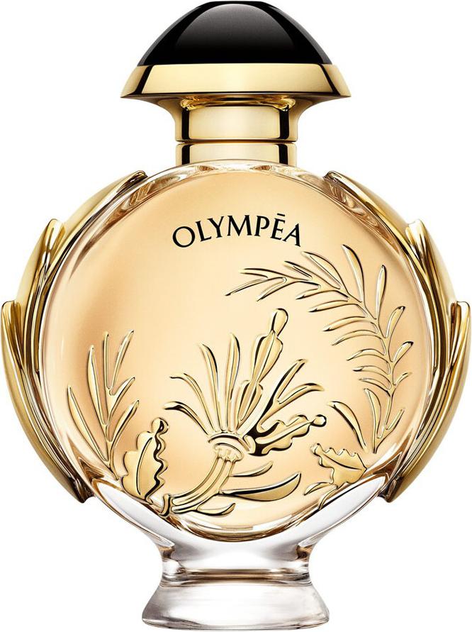 Flakon perfum Paco Rabanne Olympéa Solar Eau de Parfum Intense w złotym kolorze z charakterystycznym laurowym zwieńczeniem na białym tle
