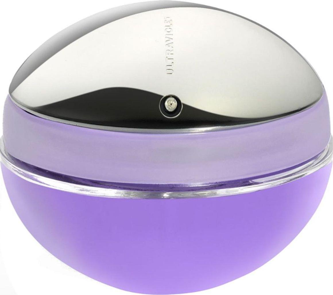 Flacon wody perfumowanej Paco Rabanne Ultraviolet dla kobiet 80ml w eleganckim opakowaniu z logo marki na białym tle