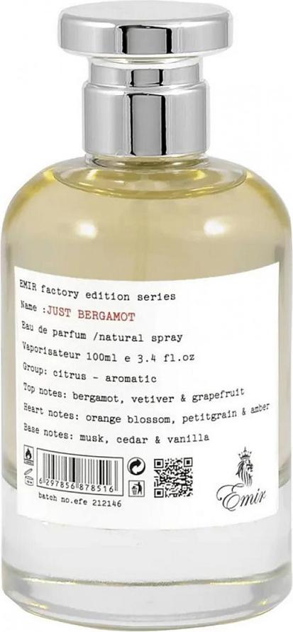 Emir Just Bergamot Factory Edition woda perfumowana 100ml w minimalistycznym flakonie - unisex zapach z bergamotką i cytrusami