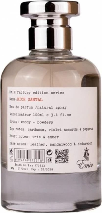 Flacon wody perfumowanej Emir Rich Santal Factory Edition 100ml - unisex perfumy z nutami kardamonu, irysa i drzewa sandałowego marki Emir
