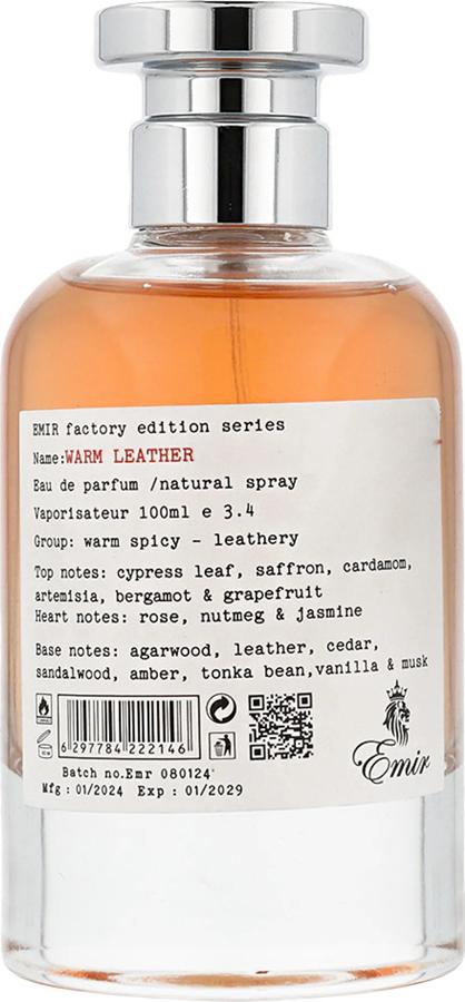 Flacon perfum Emir Warm Leather Factory Edition woda perfumowana 100ml - luksusowy orientalny zapach unisex z nutami skóry i oudu na białym tle
