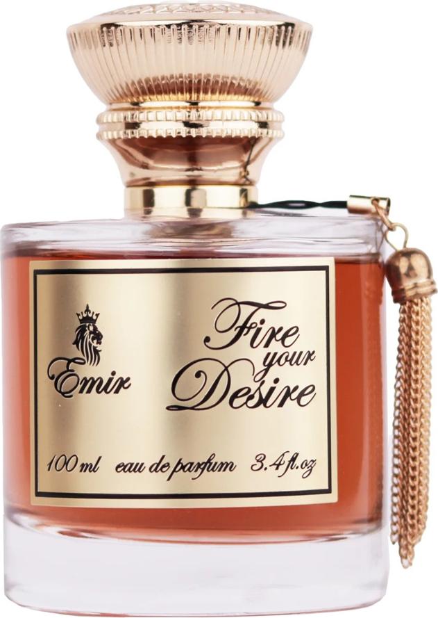 Flakon wody perfumowanej Emir Fire Your Desire 100ml z pozłacanymi detalami na białym tle - eleganckie perfumy unisex z rodziny bursztynowej