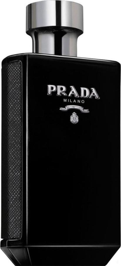 Flacon wody perfumowanej Prada L'Homme Intense 100ml w eleganckim opakowaniu, luksusowe perfumy męskie marki Prada na białym tle